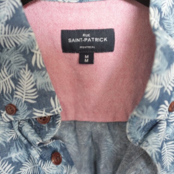Rue saint patrick blue white feather leaves button down 100% cotton size M - Picture 9 of 10